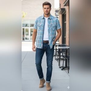 Southern Thread Blue Plaid Snap Buttons  Shirt Man's Size L